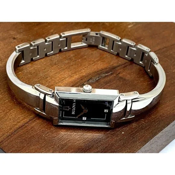 Bulova Womens Watch 96P209 Silver Tone Black Mother of Pearl Dial Diamon…